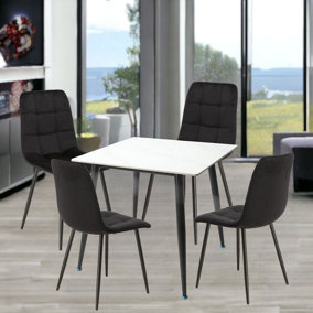 URBNLIVING 5pcs Gloss White Modern Ceramic Top Dining Table & Black Velvet Chairs with Metal Legs