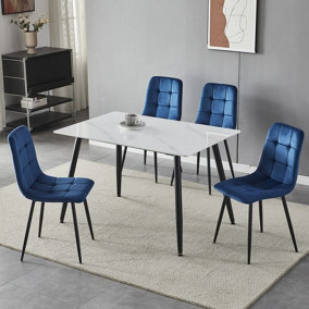URBNLIVING 5pcs Gloss White Modern Ceramic Top Dining Table & Blue Plush Velvet Chairs With Metal Legs