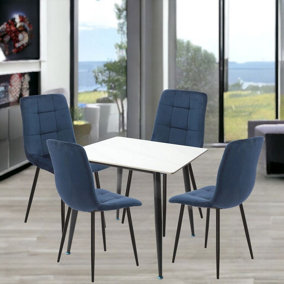 URBNLIVING 5pcs Gloss White Modern Ceramic Top Dining Table & Blue Velvet Chairs with Metal Legs