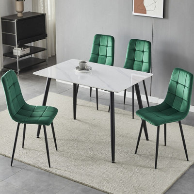 URBNLIVING 5pcs Gloss White Modern Ceramic Top Dining Table & Green Plush Velvet Chairs With Metal Legs
