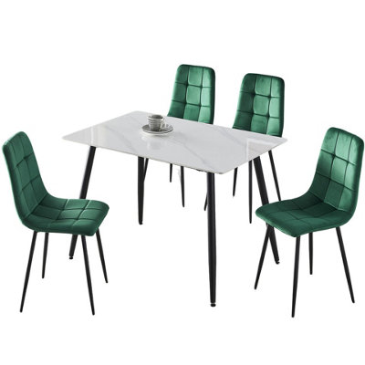URBNLIVING 5pcs Gloss White Modern Ceramic Top Dining Table & Green Plush Velvet Chairs With Metal Legs