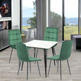 URBNLIVING 5pcs Gloss White Modern Ceramic Top Dining Table & Green Velvet Chairs with Metal Legs