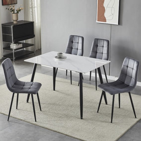 URBNLIVING 5pcs Gloss White Modern Ceramic Top Dining Table & Grey Plush Velvet Chairs With Metal Legs