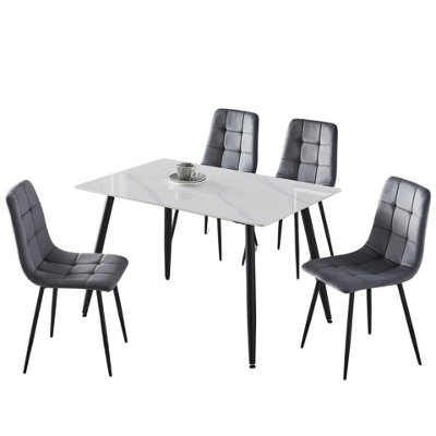 URBNLIVING 5pcs Gloss White Modern Ceramic Top Dining Table & Grey Plush Velvet Chairs With Metal Legs