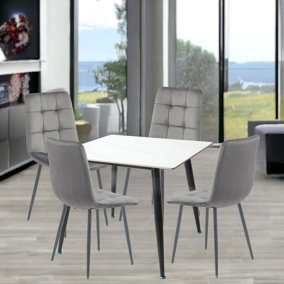 URBNLIVING 5pcs Gloss White Modern Ceramic Top Dining Table & Grey Velvet Chairs with Metal Legs