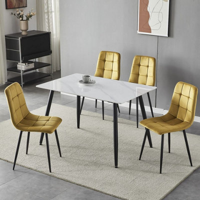 URBNLIVING 5pcs Gloss White Modern Ceramic Top Dining Table & Yellow Plush Velvet Chairs With Metal Legs