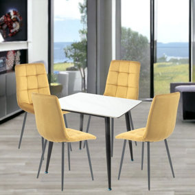 URBNLIVING 5pcs Gloss White Modern Ceramic Top Dining Table & Yellow Velvet Chairs with Metal Legs