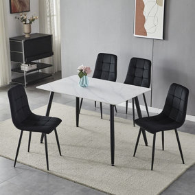 URBNLIVING 5pcs White Matt Modern Ceramic Top Dining Table & Black Plush Velvet Chairs With Metal Legs