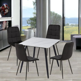 URBNLIVING 5pcs White Matt Modern Ceramic Top Dining Table & Black Velvet Chairs with Metal Legs