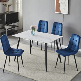 URBNLIVING 5pcs White Matt Modern Ceramic Top Dining Table & Blue Plush Velvet Chairs With Metal Legs