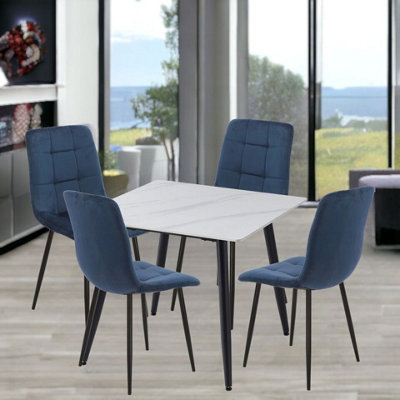 URBNLIVING 5pcs White Matt Modern Ceramic Top Dining Table & Blue Velvet Chairs with Metal Legs