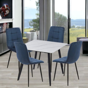 URBNLIVING 5pcs White Matt Modern Ceramic Top Dining Table & Blue Velvet Chairs with Metal Legs