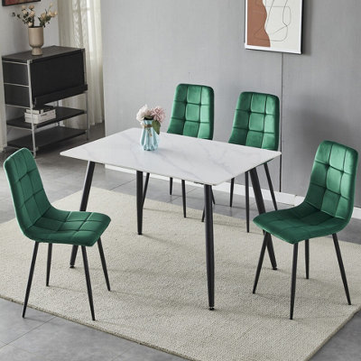 URBNLIVING 5pcs White Matt Modern Ceramic Top Dining Table & Green Plush Velvet Chairs With Metal Legs
