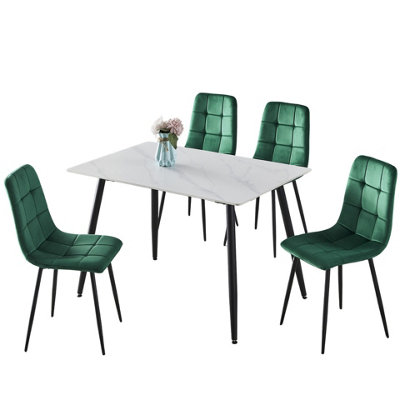 URBNLIVING 5pcs White Matt Modern Ceramic Top Dining Table & Green Plush Velvet Chairs With Metal Legs