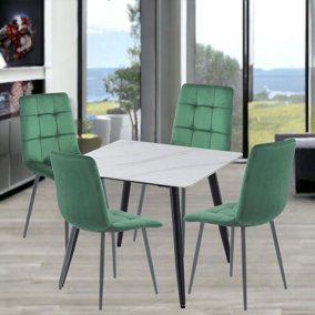URBNLIVING 5pcs White Matt Modern Ceramic Top Dining Table & Green Velvet Chairs with Metal Legs