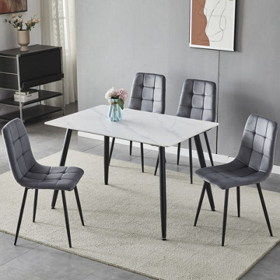 URBNLIVING 5pcs White Matt Modern Ceramic Top Dining Table & Grey Plush Velvet Chairs With Metal Legs