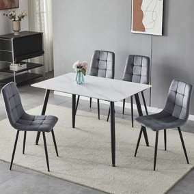 URBNLIVING 5pcs White Matt Modern Ceramic Top Dining Table & Grey Plush Velvet Chairs With Metal Legs