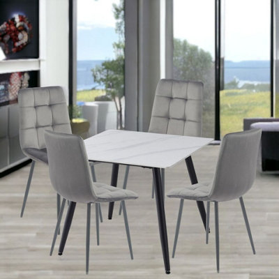 URBNLIVING 5pcs White Matt Modern Ceramic Top Dining Table & Grey Velvet Chairs with Metal Legs