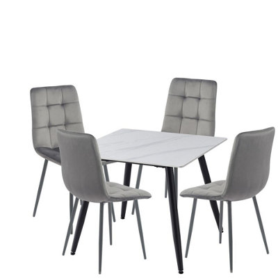 URBNLIVING 5pcs White Matt Modern Ceramic Top Dining Table & Grey Velvet Chairs with Metal Legs