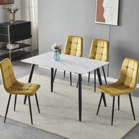 URBNLIVING 5pcs White Matt Modern Ceramic Top Dining Table & Yellow Plush Velvet Chairs With Metal Legs