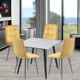 URBNLIVING 5pcs White Matt Modern Ceramic Top Dining Table & Yellow Velvet Chairs with Metal Legs