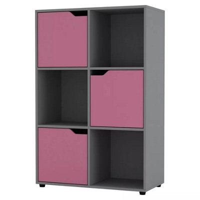 URBNLIVING 6 Cube Grey Wooden Bookcase Shelving Display Shelves Storage Unit Wood Shelf Pink Door