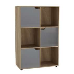 URBNLIVING 6 Cube Oak Wooden Bookcase Shelving Display Shelves Storage Unit Wood Shelf Grey Door