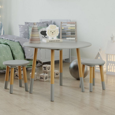 URBNLIVING 60cm Depth Kids Wooden Round Grey Table with 2 Chair Toddlers Small Children Home Nursery Play Set