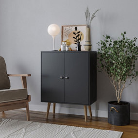 URBNLIVING 60cm Height 2 Tier Black Wooden Bookcase with Black Door Scandinavian Style Beech Legs Bedroom Shelf