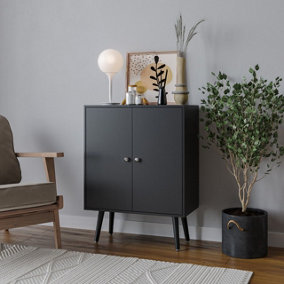 URBNLIVING 60cm Height 2 Tier Black Wooden Bookcase with Black Door Scandinavian Style Black Legs Bedroom Shelf