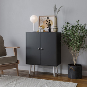URBNLIVING 60cm Height 2 Tier Black Wooden Bookcase with Black Door Scandinavian Style White Legs Bedroom Shelf