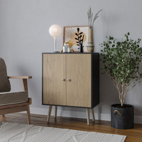URBNLIVING 60cm Height 2 Tier Black Wooden Bookcase with Oak Door Scandinavian Style Pine Legs Bedroom Shelf