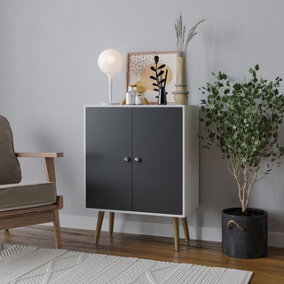 URBNLIVING 60cm Height 2 Tier Black Wooden Bookcase with White Door Scandinavian Style Beech Legs Bedroom Shelf