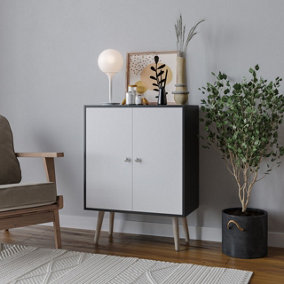 URBNLIVING 60cm Height 2 Tier Black Wooden Bookcase with White Door Scandinavian Style Pine Legs Bedroom Shelf