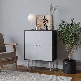 URBNLIVING 60cm Height 2 Tier Black Wooden Bookcase with White Door Scandinavian Style White Legs Bedroom Shelf