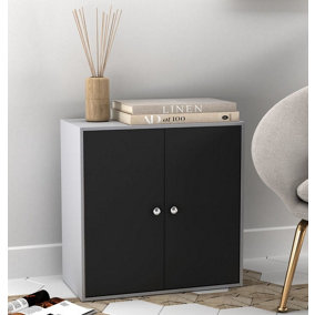 URBNLIVING 60cm Height 2 Tier Grey Cabinet with Black Door Wooden Storage Side Bedroom Shelf Unit