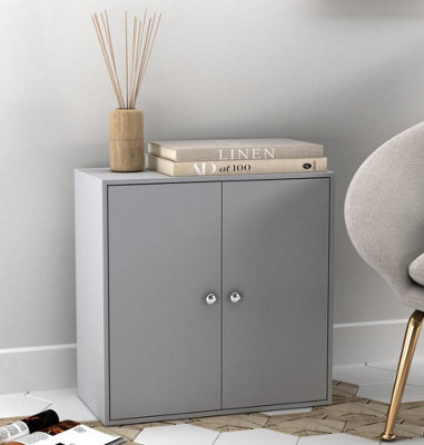 URBNLIVING 60cm Height 2 Tier Grey Cabinet with Grey Door Wooden Storage Side Bedroom Shelf Unit