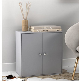 URBNLIVING 60cm Height 2 Tier Grey Cabinet with Grey Door Wooden Storage Side Bedroom Shelf Unit