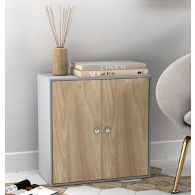 URBNLIVING 60cm Height 2 Tier Grey Cabinet with Oak Door Wooden Storage Side Bedroom Shelf Unit