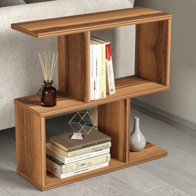 URBNLIVING 60cm Height 2-Tier Walnut Wooden Bookcase Side Unit Shelf Organizer Sofa End Table Home Décor