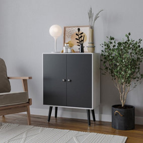 URBNLIVING 60cm Height 2 Tier White Wooden Bookcase with Black Door Scandinavian Style Black Legs Bedroom Shelf