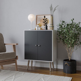 URBNLIVING 60cm Height 2 Tier White Wooden Bookcase with Black Door Scandinavian Style Pine Legs Bedroom Shelf