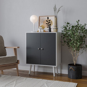 URBNLIVING 60cm Height 2 Tier White Wooden Bookcase with Black Door Scandinavian Style White Legs Bedroom Shelf