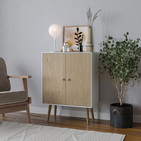 URBNLIVING 60cm Height 2 Tier White Wooden Bookcase with Oak Door Scandinavian Style Beech Legs Bedroom Shelf
