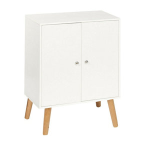 URBNLIVING 60cm Height 2 Tier White Wooden Bookcase with White Door Scandinavian Style Beech Legs Bedroom Shelf
