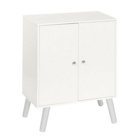 URBNLIVING 60cm Height 2 Tier White Wooden Bookcase with White Door Scandinavian Style White Legs Bedroom Shelf