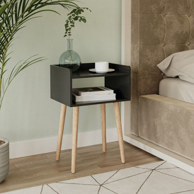 URBNLIVING 60cm Height Black Modern Bedside Table Storage Display Unit with 2 Shelves Solid Pinewood