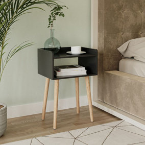 URBNLIVING 60cm Height Black Modern Bedside Table Storage Display Unit with 2 Shelves & Solid Pinewood Legs