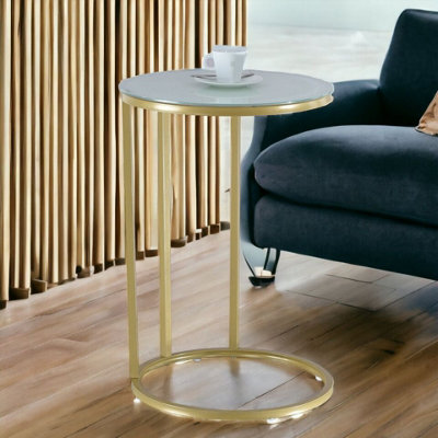URBNLIVING 60cm Height C-Shape Sofa Bed Snack Side End Portable Small Couch White Glass Table Top with Gold Legs