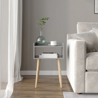 URBNLIVING 60cm Height Grey Modern Bedside Table Storage Display Unit with 2 Shelves & Solid Pinewood Legs
